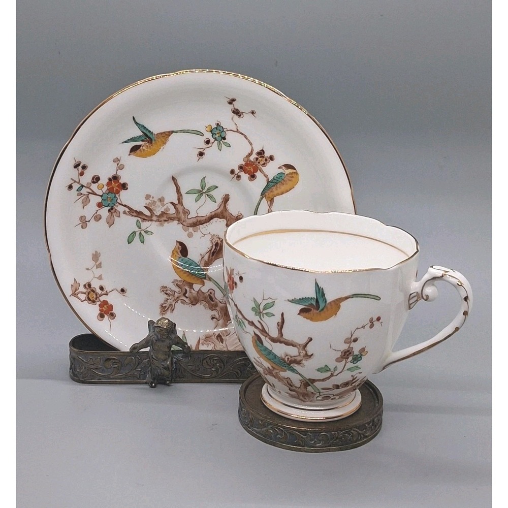 RARE Royal Grafton Pattern 1750 Cup & Saucer Brass Holder Set Yellow/Aqua Birds
